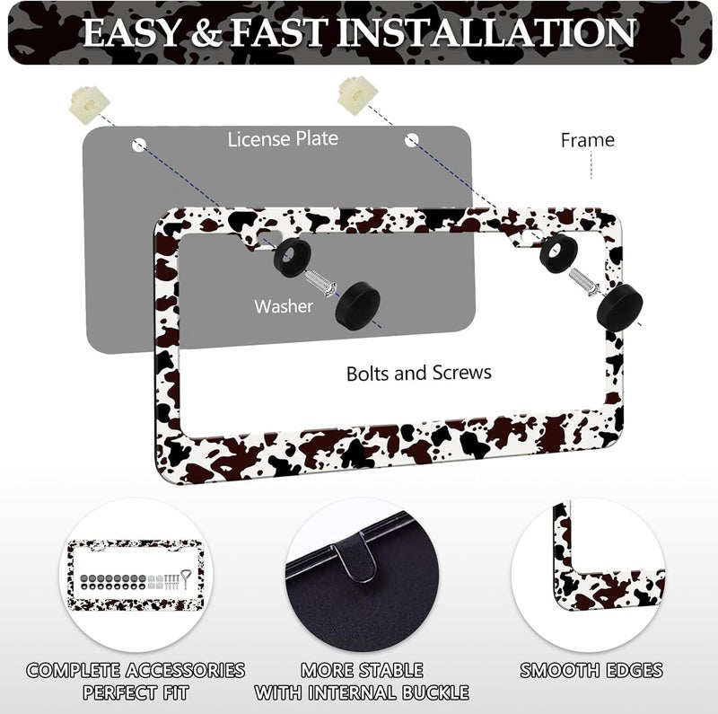 LIN KANG 2PCS Brown Cow Print License Plate Frames, Cute Animal Spots Aluminum Metal License Plate Holder Covers, Rust-Proof Waterproof Car Decorative Tag Frames for Standard US 12x6 Inch - Image 3